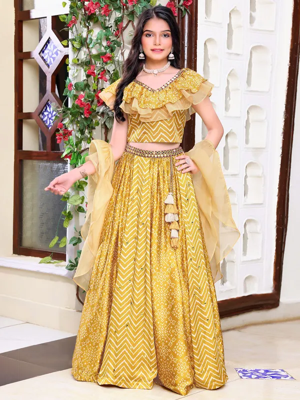 Mustard yellow silk zig zag pattern lehenga choli