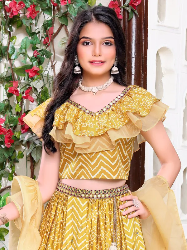 Mustard yellow silk zig zag pattern lehenga choli