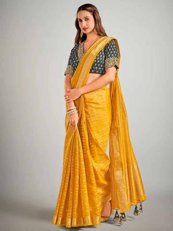 Mustard yellow soft organza saree