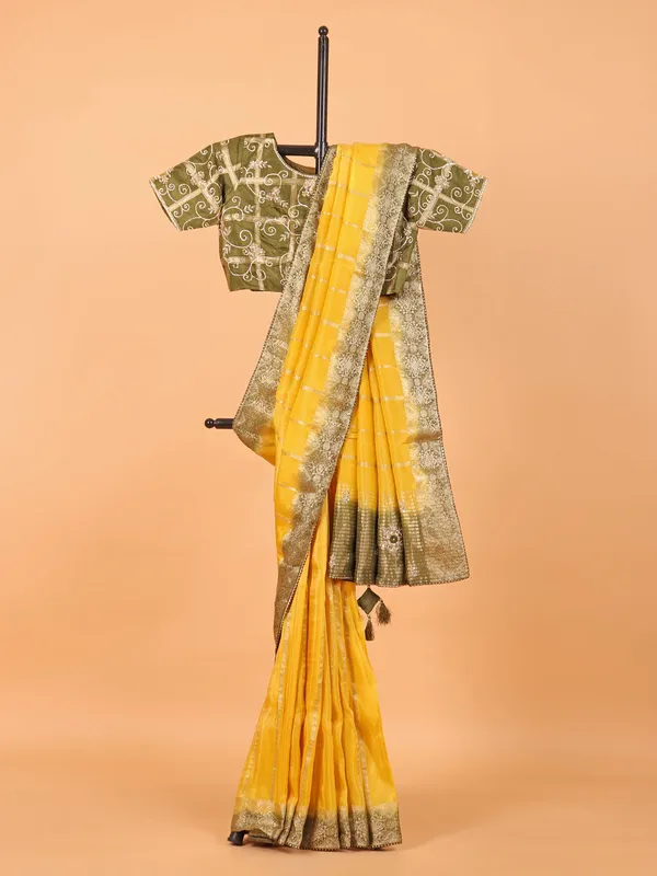 Mustard yellow soft organza saree with zari weaving