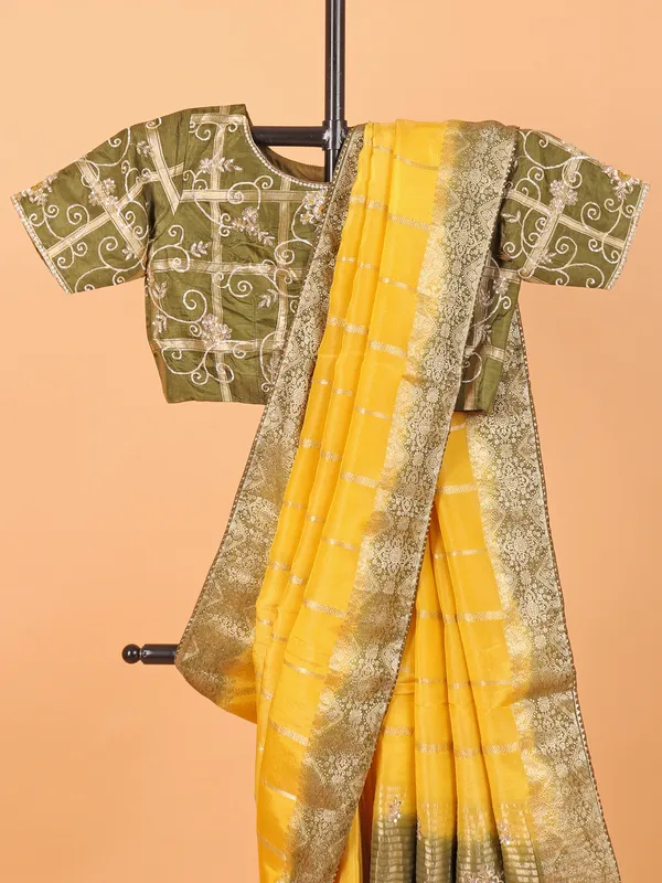 Mustard yellow soft organza saree with zari weaving