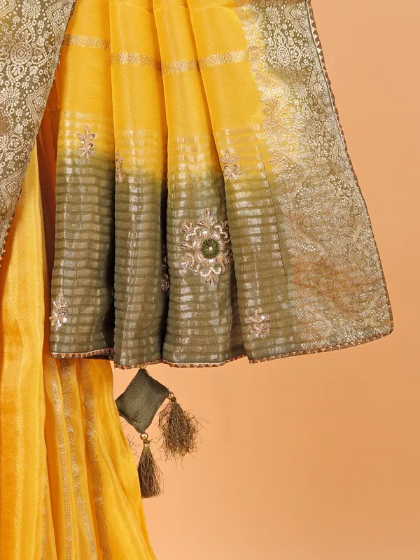 Mustard yellow soft organza saree with zari weaving