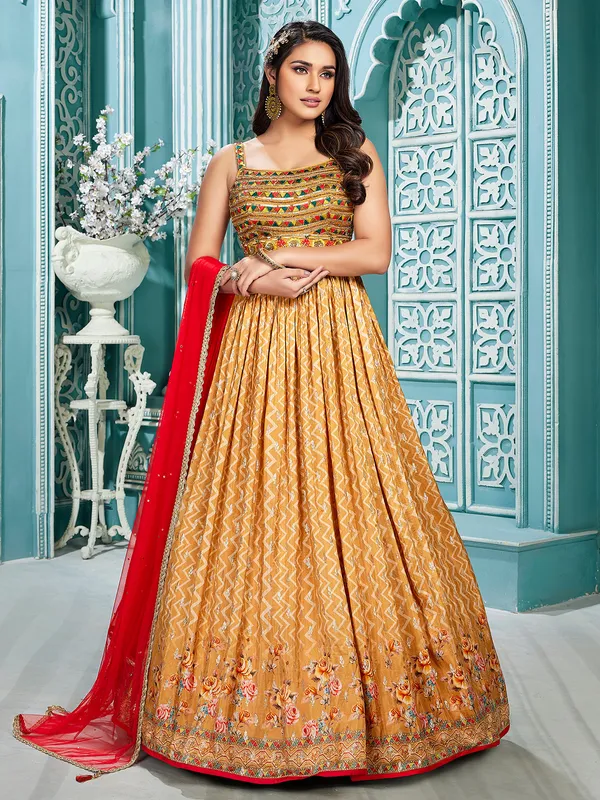Mustard yellow soft silk printed anarkali suit
