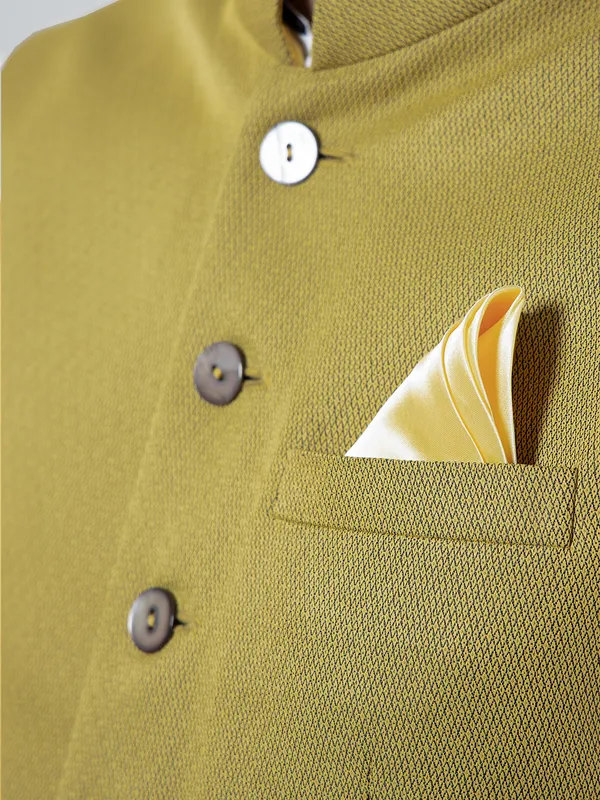 Mustard yellow solid cotton silk waistcoat for men