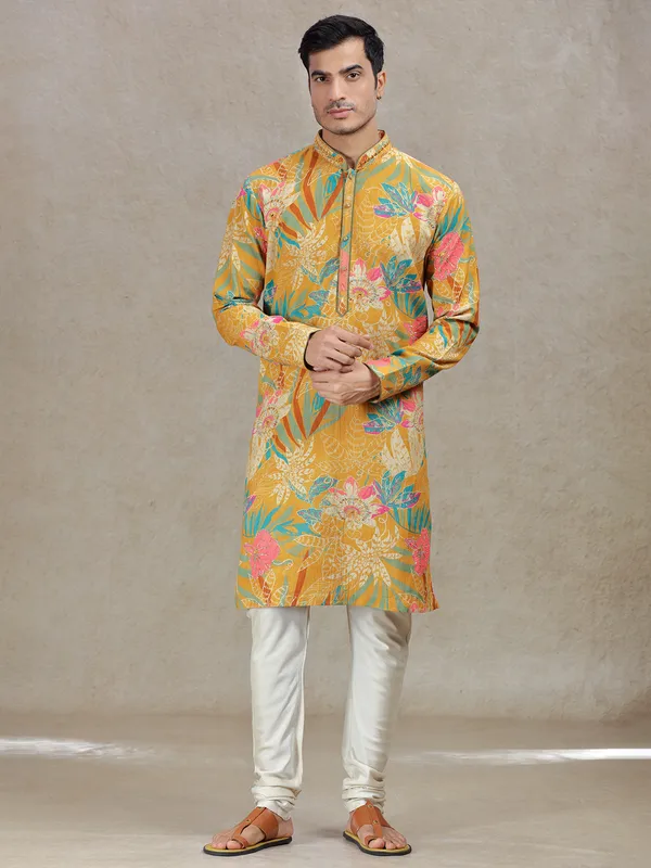 Mustard yellow timeless elegance printed kurta set for men
