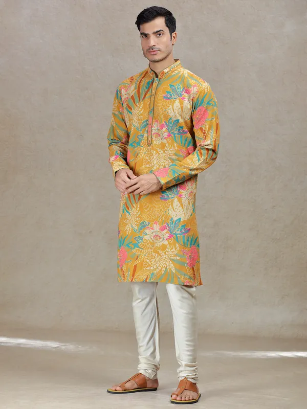 Mustard yellow timeless elegance printed kurta set for men