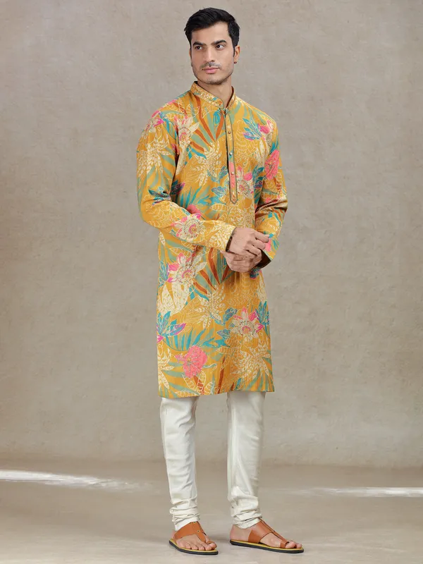 Mustard yellow timeless elegance printed kurta set for men