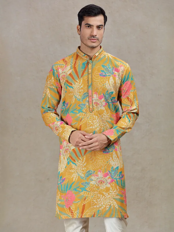 Mustard yellow timeless elegance printed kurta set for men