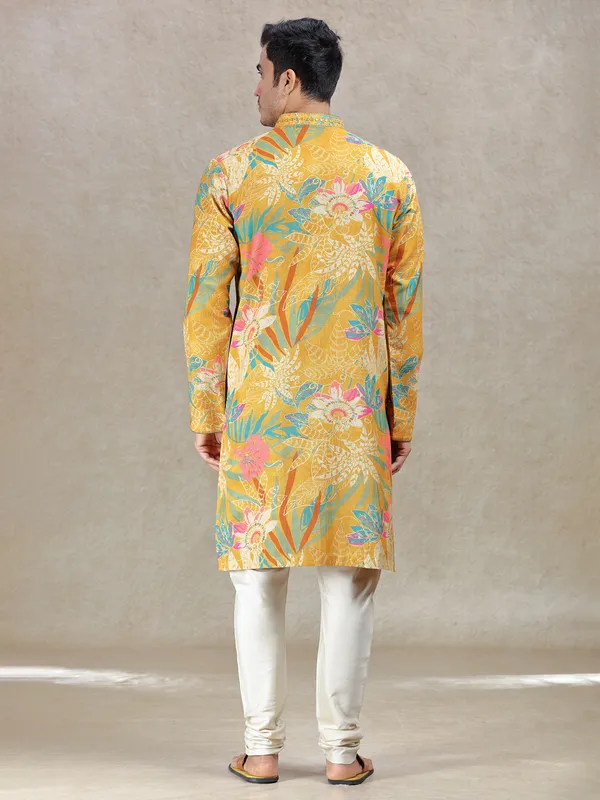 Mustard yellow timeless elegance printed kurta set for men