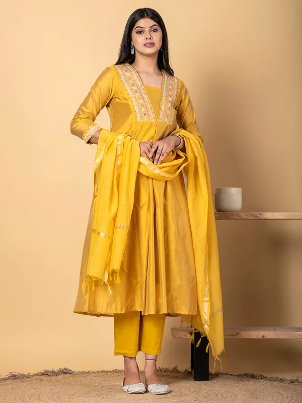 Mustard yellow tissue silk kurti set