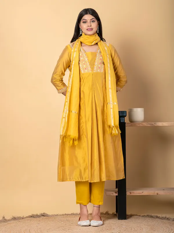 Mustard yellow tissue silk kurti set