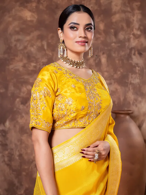 Mustard yellow tissue silk saree in zari weaving