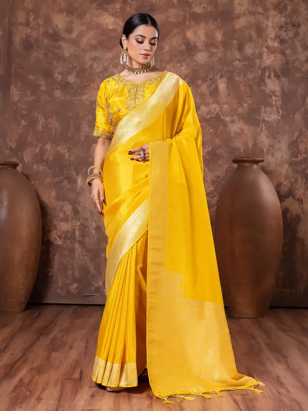Mustard yellow tissue silk saree in zari weaving