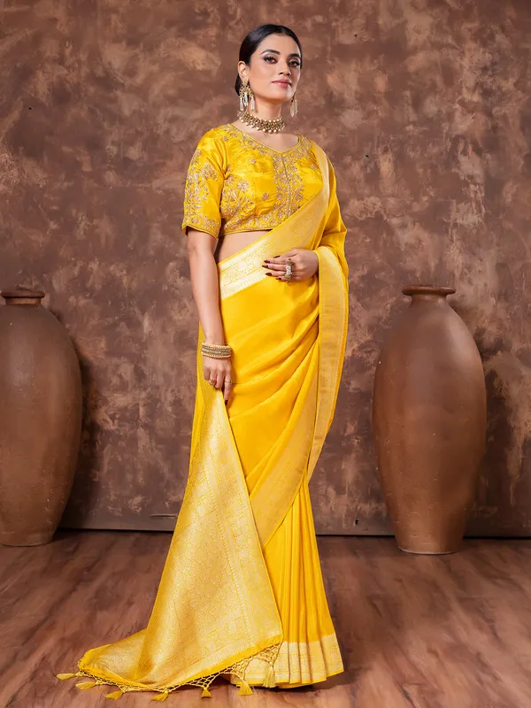 Mustard yellow tissue silk saree in zari weaving