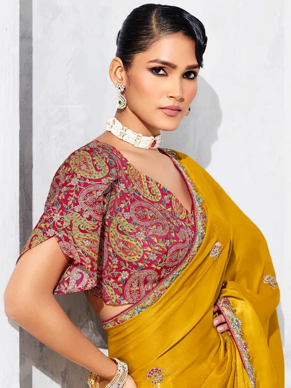 Mustard yellow tissue silk saree with resham and sequins finish