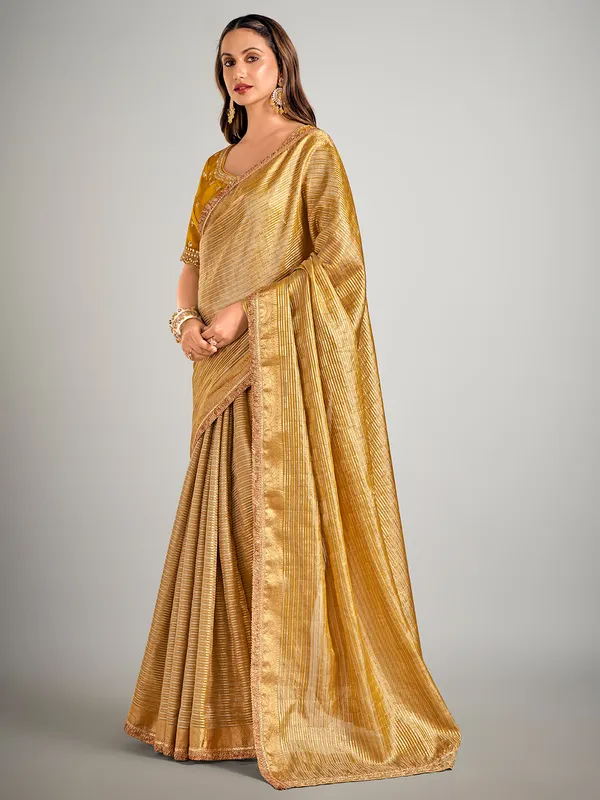 Mustard yellow tissue silk zari weaving saree