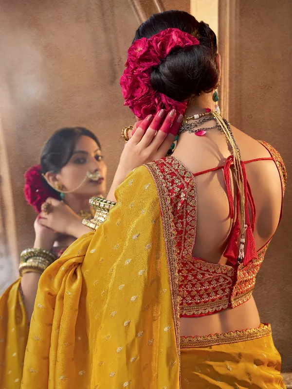 Mustard yellow viscose crepe silk saree