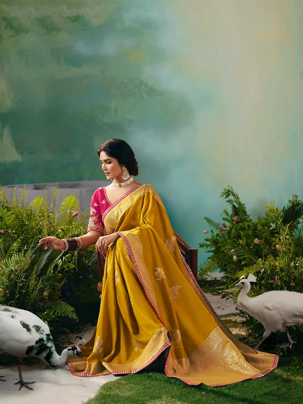Mustard yellow viscose dola silk saree with thread work