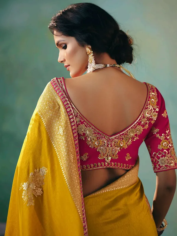 Mustard yellow viscose dola silk saree with thread work