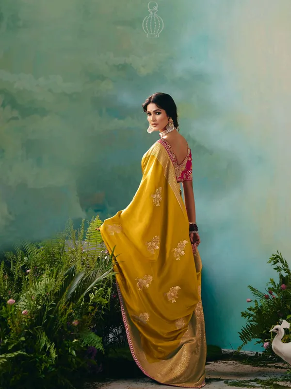 Mustard yellow viscose dola silk saree with thread work