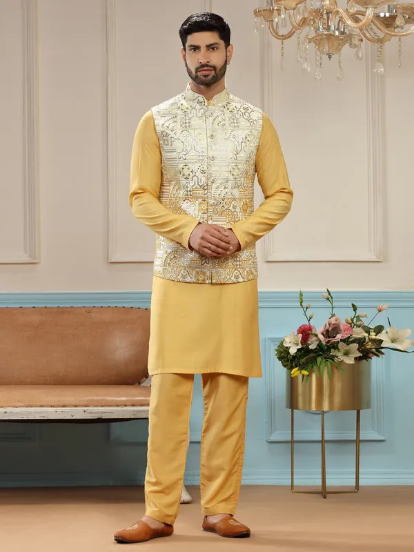 Mustard yellow wedding waistcoat set in silk