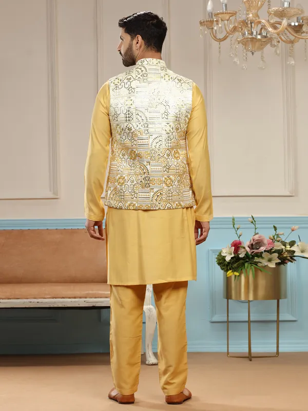 Mustard yellow wedding waistcoat set in silk