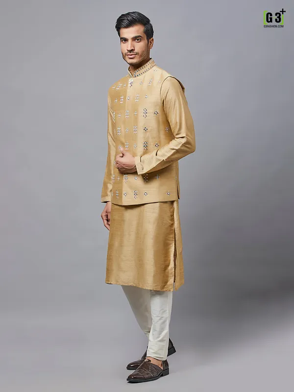 Mustard yellow wedding wear raw silk waistcoat set
