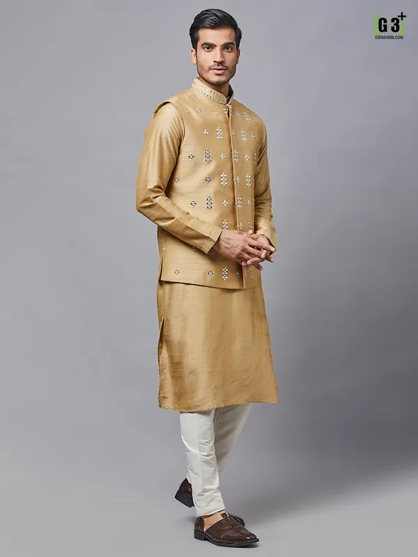 Mustard yellow wedding wear raw silk waistcoat set