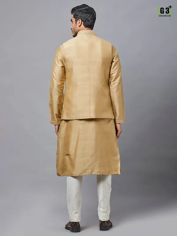Mustard yellow wedding wear raw silk waistcoat set