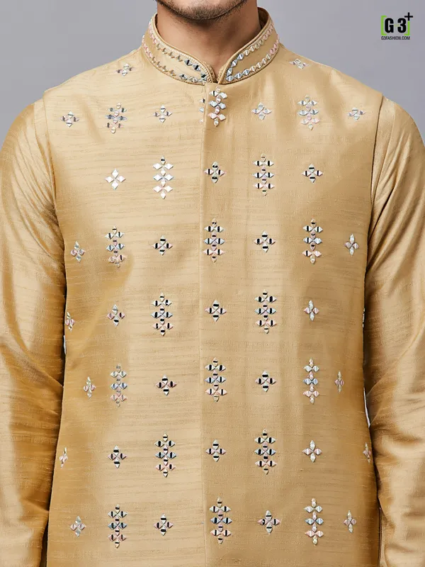 Mustard yellow wedding wear raw silk waistcoat set