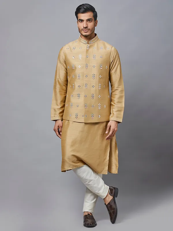 Mustard yellow wedding wear raw silk waistcoat set