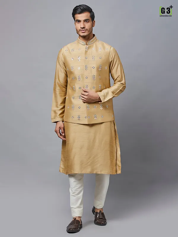 Mustard yellow wedding wear raw silk waistcoat set
