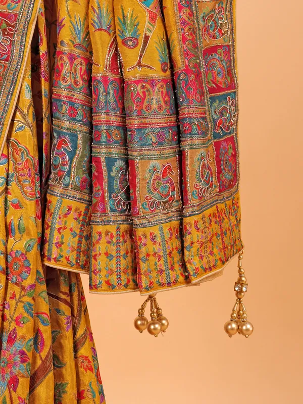 Mustard yellow wedding wear semi pashmina saree