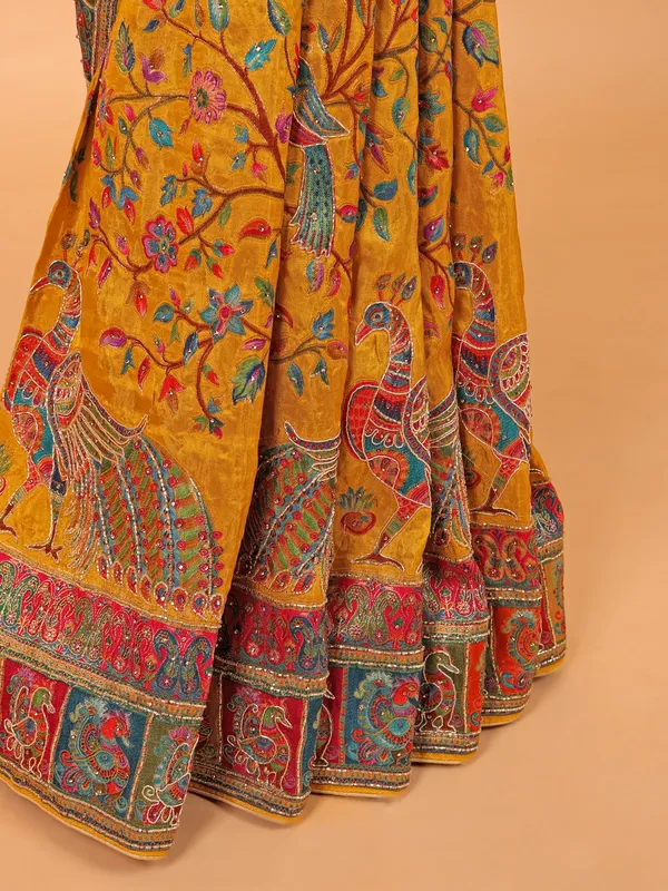 Mustard yellow wedding wear semi pashmina saree