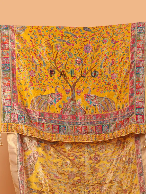 Mustard yellow wedding wear semi pashmina saree