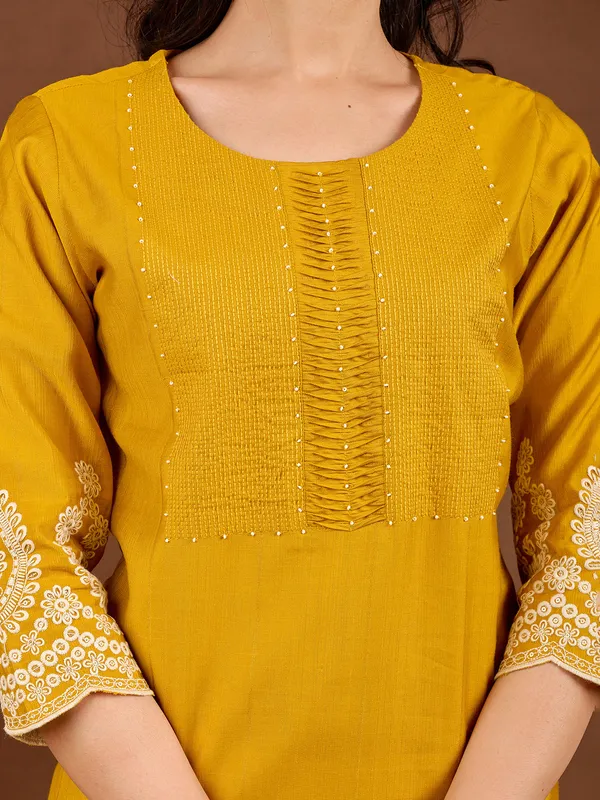 Mustard yellow yoke kurti with beads and sequins work