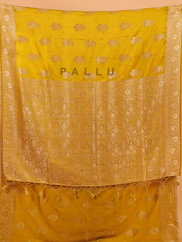 Mustard yellow zari weaving silk saree for festive