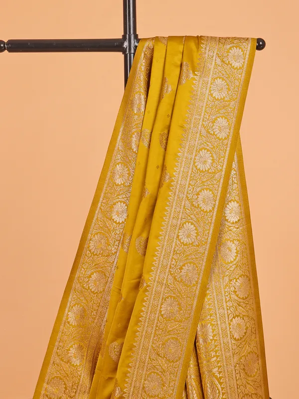 Mustard yellow zari weaving silk saree for festive