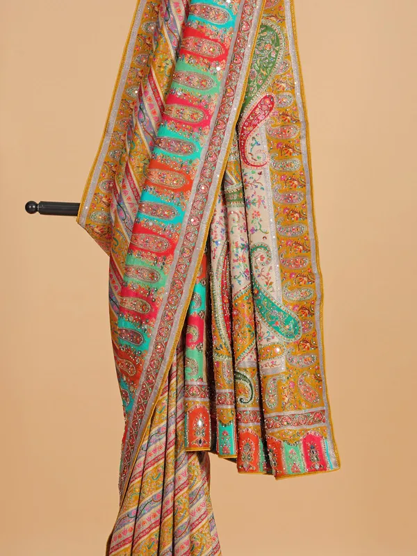 Mustard yellow zari worked wedding saree in silk