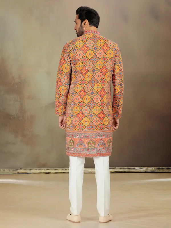 Mustard zardosi kurta set for haldi with work
