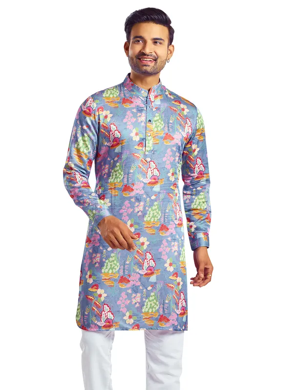 Amazing blue printed silk  Men Kurta pajama