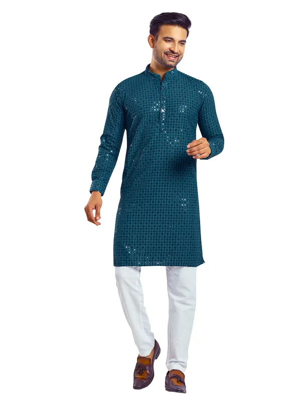 Classy rama blue georgette  Men Kurta pajama