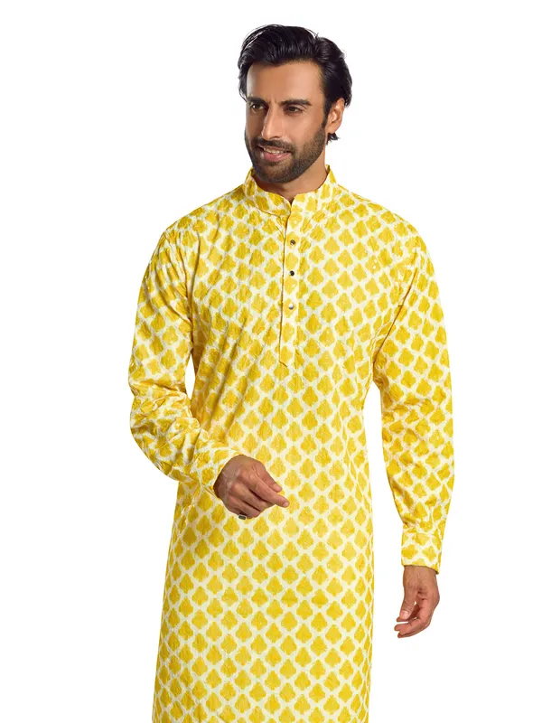Classy yellow cotton printed kurta