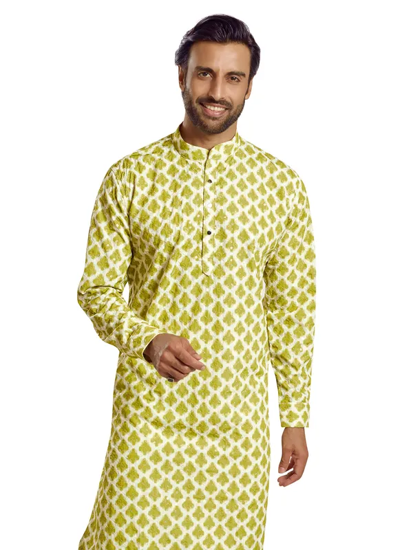 Cotton green printed  Men Kurta pajama