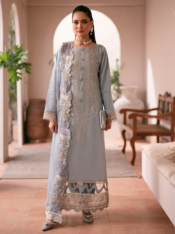 Grey cotton embroidery salwar suit