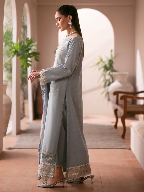 Grey cotton embroidery salwar suit