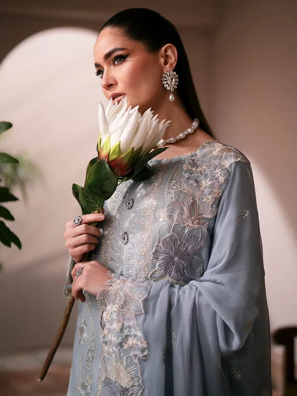 Grey cotton embroidery salwar suit