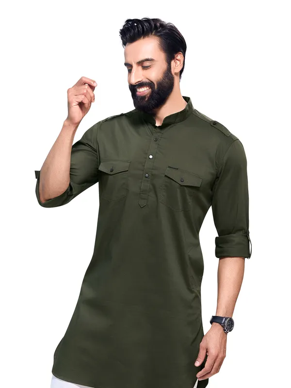 Plain olive cotton  Men Kurta pajama