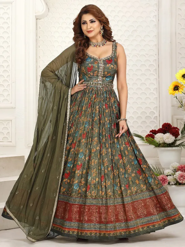 Printed silk mehendi green anarkali suit