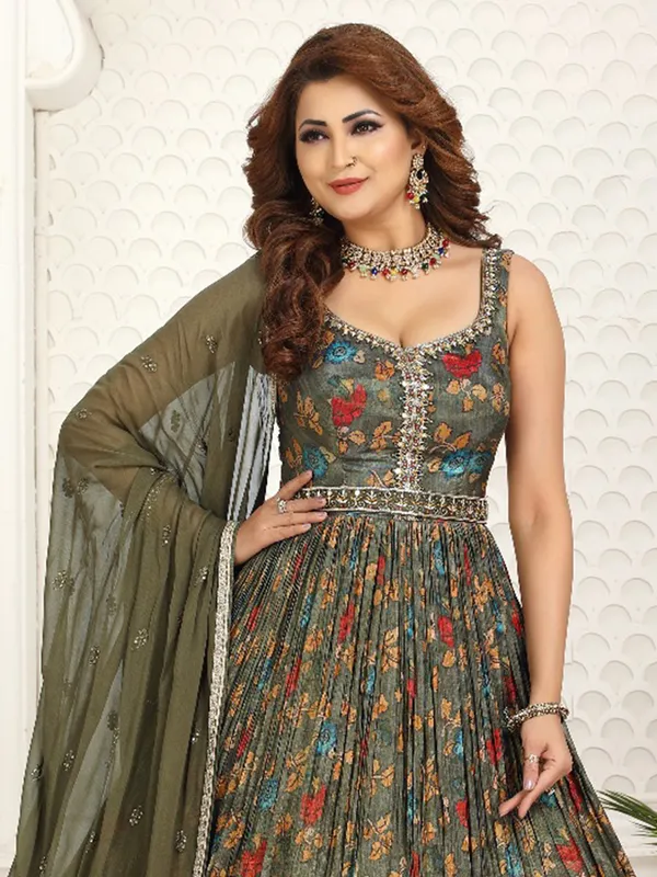 Printed silk mehendi green anarkali suit